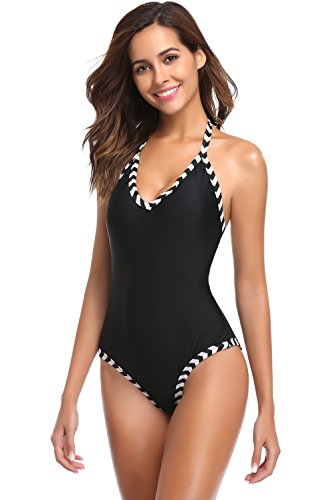 SHEKINI Traje de Una Pieza Mujer Bikini Ropa de Baño con Cremallera Corte Alto Monokini （L,Negro）