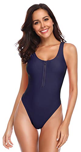 SHEKINI Traje de Una Pieza Mujer Bikini Ropa de Baño con Cremallera Corte Alto Monokini （S,Azul Oscuro-2）