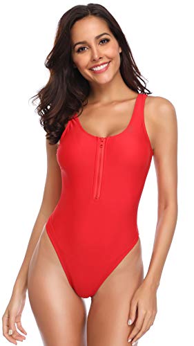 SHEKINI Traje de Una Pieza Mujer Bikini Ropa de Baño con Cremallera Corte Alto Monokini （S,Rojo）