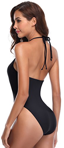 SHEKINI Traje de una Pieza para Mujer Bañador Mujer Sexy Cuello en V de Corte Alto Cabestro Bikini (S, Negro)