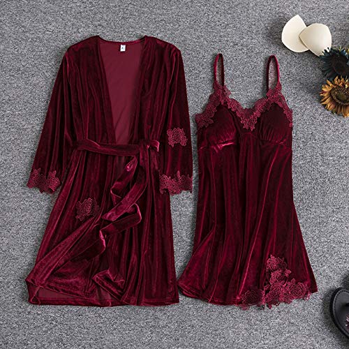 SHENSHI Pijamas Mujer,2 Piezas Pijama De Encaje De Terciopelo Camisón Sexy con Cuello En V Ropa De Dormir Conjunto De Dormir Bata Kimono Floral para Regalos De Esposa, Burdeos, Grande
