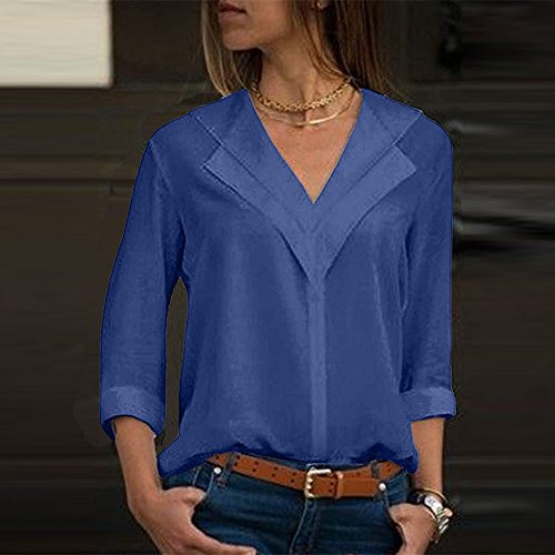 SHOBDW Camisa de Cuello en v Gasa sólida de Las Mujeres Camisa de Trabajo de Las señoras de la Oficina Blusa Tops de Manga Larga de otoño Invierno(Azul,L)