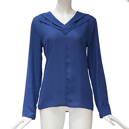 SHOBDW Camisa de Cuello en v Gasa sólida de Las Mujeres Camisa de Trabajo de Las señoras de la Oficina Blusa Tops de Manga Larga de otoño Invierno(Azul,L)