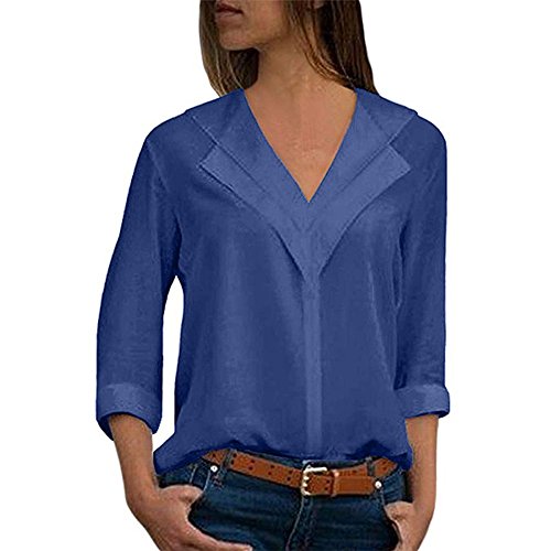 SHOBDW Camisa de Cuello en v Gasa sólida de Las Mujeres Camisa de Trabajo de Las señoras de la Oficina Blusa Tops de Manga Larga de otoño Invierno(Azul,L)