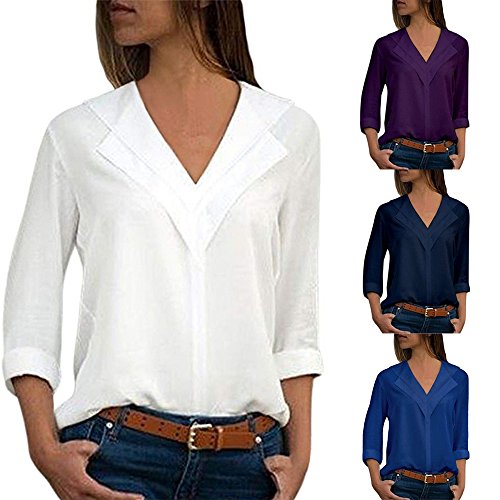 SHOBDW Camisa de Cuello en v Gasa sólida de Las Mujeres Camisa de Trabajo de Las señoras de la Oficina Blusa Tops de Manga Larga de otoño Invierno(Azul,L)