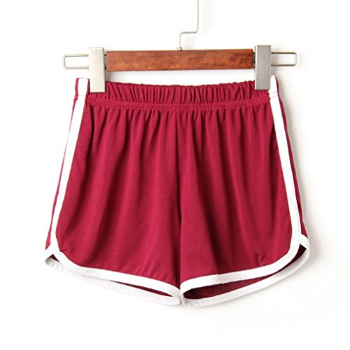 SHOBDW Las Mujeres de Moda señora de la Cintura elástica Verano sólido hasta la Rodilla cómodos Pantalones Cortos Deportivos Pantalones Casuales de Playa (M, Vino Rojo)