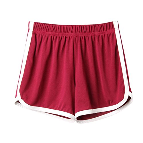 SHOBDW Las Mujeres de Moda señora de la Cintura elástica Verano sólido hasta la Rodilla cómodos Pantalones Cortos Deportivos Pantalones Casuales de Playa (M, Vino Rojo)