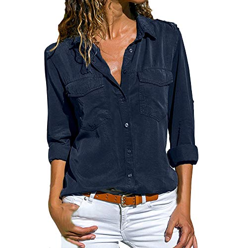 SHOBDW Moda para Mujer Casual Cuello con Solapa Camiseta Oficina Señoras Camisa botón sólido Hebilla Blusa otoño Invierno Tops de Manga Larga (Armada,XL)