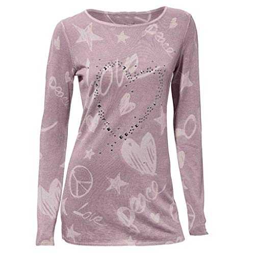 SHOBDW Mujeres Camiseta de Manga Larga con Cuello Redondo y Camisa Impresa Moda Casual Primavera Otoño Blusa Algodón Suelto Tops Sudadera Pullover Camiseta Elegante(Rosado,XXL)