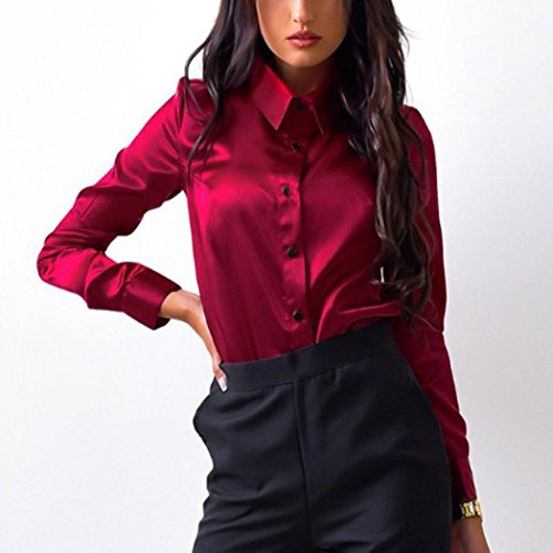 SHOBDW Mujeres Carniva Moda botón Camisa Blusa Casual Tops Manga Larga (Rojo, L)