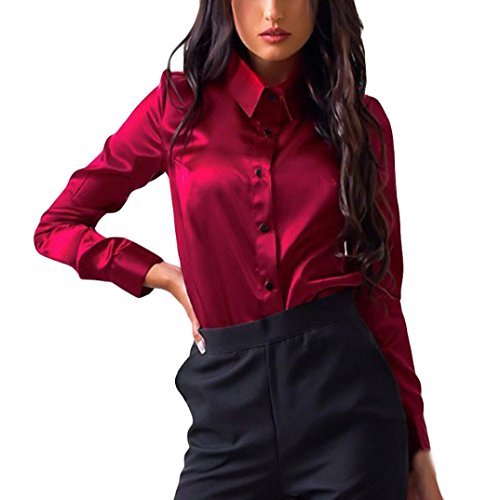 SHOBDW Mujeres Carniva Moda botón Camisa Blusa Casual Tops Manga Larga (Rojo, L)