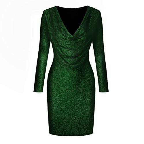 SHOBDW Mujeres de Manga Larga sólido Arco Casual Bolsillo Elegante Verano Ladies Club Fiesta de Noche Mini Vestido(Verde,S)