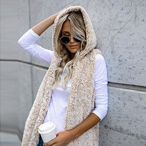 SHOBDW Mujeres Invierno cálido Chaleco Piel sintética Zip hasta Sherpa Chaqueta Sudadera con Capucha Ropa Casual Abrigo (Beige, S)