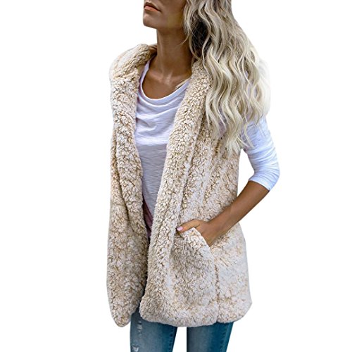 SHOBDW Mujeres Invierno cálido Chaleco Piel sintética Zip hasta Sherpa Chaqueta Sudadera con Capucha Ropa Casual Abrigo (Beige, S)