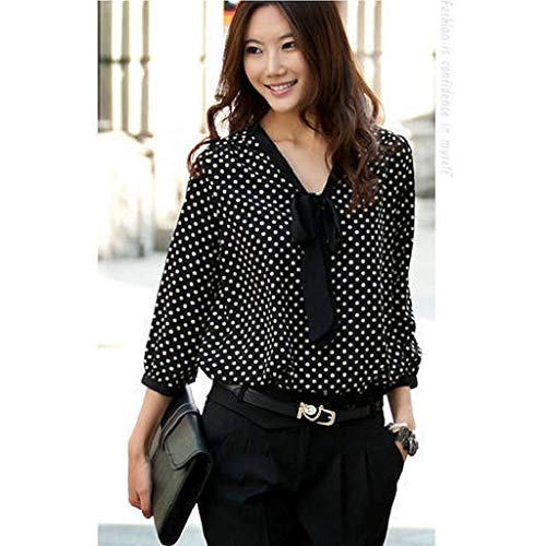 SHOBDW Mujeres Primavera Verano Tallas Grandes de Manga Larga Suelta con Cuello en v Gasa Bowknot Camisa Casual Dots Moda Oficina Señoras Camisa Blusa(Negro,XXL)