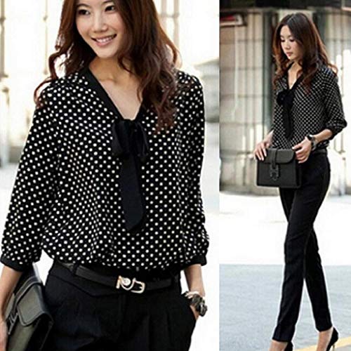 SHOBDW Mujeres Primavera Verano Tallas Grandes de Manga Larga Suelta con Cuello en v Gasa Bowknot Camisa Casual Dots Moda Oficina Señoras Camisa Blusa(Negro,XXL)