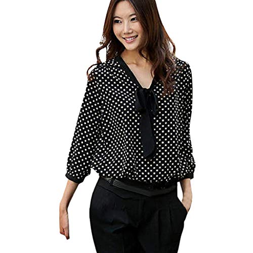 SHOBDW Mujeres Primavera Verano Tallas Grandes de Manga Larga Suelta con Cuello en v Gasa Bowknot Camisa Casual Dots Moda Oficina Señoras Camisa Blusa(Negro,XXL)