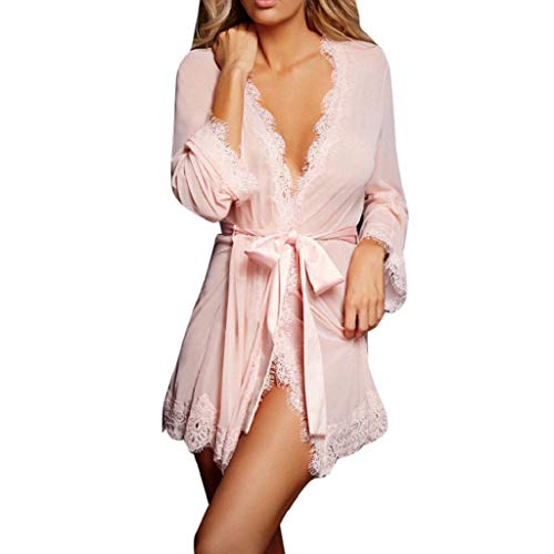 SHOBDW Ropa de Dormir Mujeres Babydolls Conjunto De LenceríA Sexy Ropa Interior Negra para Mujer Chal Albornoz Ligero De Encaje Vestido De Bata De Dormir Ropa De Dormir+Tanga(Rosado,M)