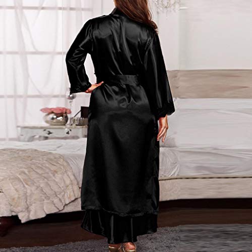 SHOBDW Ropa de Dormir Mujeres Sexy Largo Satinado De Seda Kimono Bata Babydoll Encaje Lencería Conjunto Ligero para Mujer Mantón Traje De Baño Ropa De Dormir Camisón(Negro,One Size)