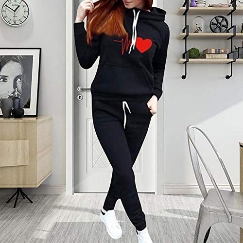 SHOBDW Sudadera con Capucha para Mujer Diaria Conjunto de Dos Piezas Patchwork Invierno Chaqueta de Manga Larga Trajes Deportivos Chándales Pantalones de chándal 2PCS (M, W-Negro)