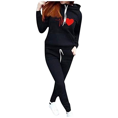SHOBDW Sudadera con Capucha para Mujer Diaria Conjunto de Dos Piezas Patchwork Invierno Chaqueta de Manga Larga Trajes Deportivos Chándales Pantalones de chándal 2PCS (M, W-Negro)