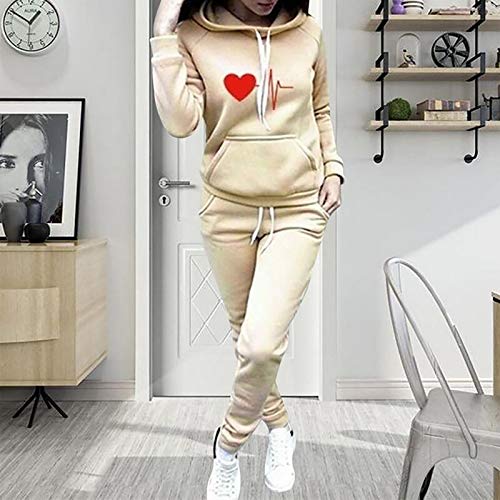 SHOBDW Sudadera con Capucha para Mujer Diaria Conjunto de Dos Piezas Patchwork Invierno Chaqueta de Manga Larga Trajes Deportivos Chándales Pantalones de chándal 2PCS (M, W-Beige)