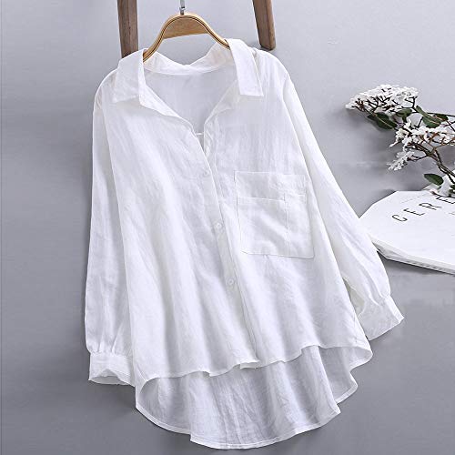 SHOBDW Ventas de liquidación Mujeres Daily Casual Sexy Mandarin Soft Collar Suelto de Lino Soild Botón Sólido Otoño Invierno Camisa de Manga Larga Blusa Tops(Blanco,L)