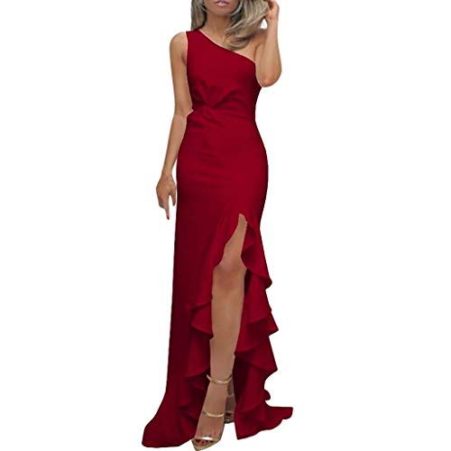 SHOBDW Vestidos Mujer Día De San Valentín Presente SóLido Un Hombro Vestido De Fiesta De Noche Formal Elegante con Pliegues Altos con Volantes De Hendidura Elegante Maxi Vestidos Largos(Rojo,S)