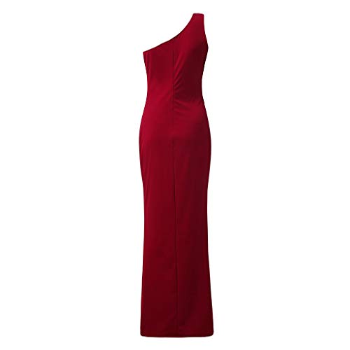 SHOBDW Vestidos Mujer Día De San Valentín Presente SóLido Un Hombro Vestido De Fiesta De Noche Formal Elegante con Pliegues Altos con Volantes De Hendidura Elegante Maxi Vestidos Largos(Rojo,M)