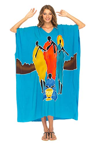 SHU-SHI - Caftán Largo para Mujer - Ideal para la Playa - Diseño Tribal - Flautistas - Turquesa