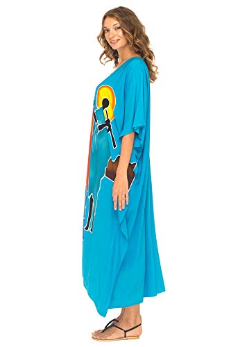 SHU-SHI - Caftán Largo para Mujer - Ideal para la Playa - Diseño Tribal - Flautistas - Turquesa