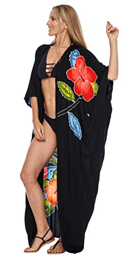 SHU-SHI - Kimono para mujer - Ideal para la playa - Estampado floral - Talla única - Negro
