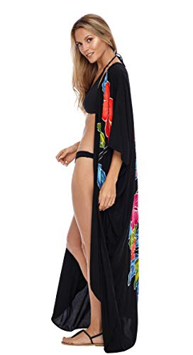 SHU-SHI - Kimono para mujer - Ideal para la playa - Estampado floral - Talla única - Negro
