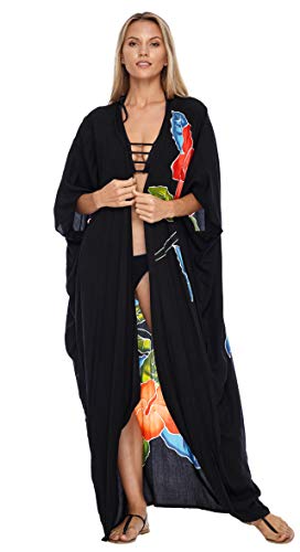 SHU-SHI - Kimono para mujer - Ideal para la playa - Estampado floral - Talla única - Negro