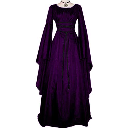 Shubiao Vestido largo medieval de estilo vintage para mujer, con cordones, estilo gótico, vestido de mascarada, cintura media, cuello redondo, manga larga para Halloween