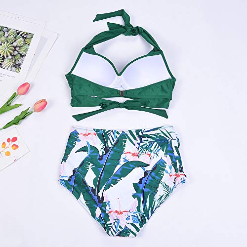 Shujin - Bikini push up para mujer, estilo años 50, retro, vintage, cintura alta, espalda descubierta, traje de baño de dos piezas verde M