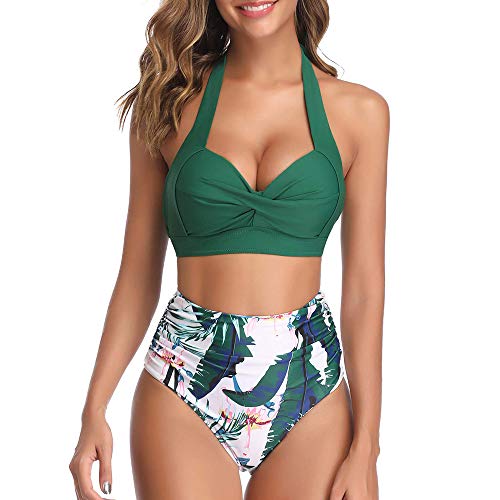 Shujin - Bikini push up para mujer, estilo años 50, retro, vintage, cintura alta, espalda descubierta, traje de baño de dos piezas verde M