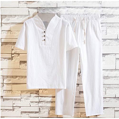 Shujin Chándal para hombre de algodón y lino, de manga corta, camiseta de lino y pantalones de lino holgados, cómodo y ligero, transpirable Blanco L