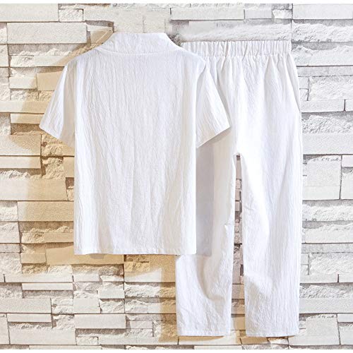 Shujin Chándal para hombre de algodón y lino, de manga corta, camiseta de lino y pantalones de lino holgados, cómodo y ligero, transpirable Blanco L