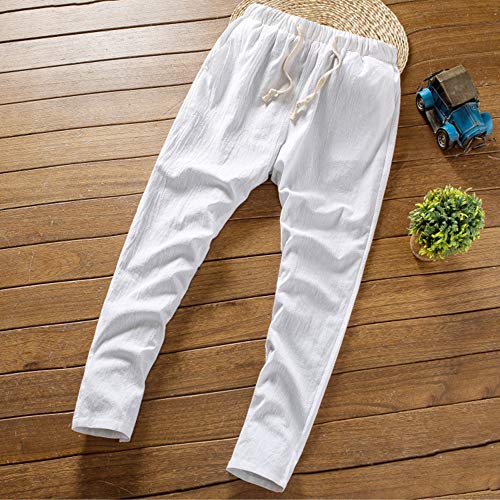 Shujin Chándal para hombre de algodón y lino, de manga corta, camiseta de lino y pantalones de lino holgados, cómodo y ligero, transpirable Blanco L