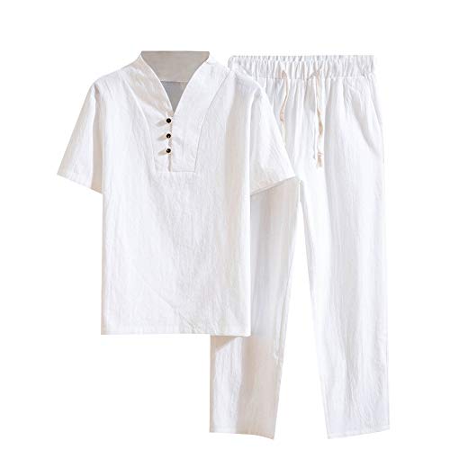 Shujin Chándal para hombre de algodón y lino, de manga corta, camiseta de lino y pantalones de lino holgados, cómodo y ligero, transpirable Blanco L