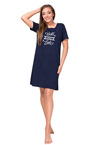Sibinulo Camisón de Maternidad Pijama Lactancia Vestido Best Mom Ever Manga Corta Cierre a Presión Azul Marino M