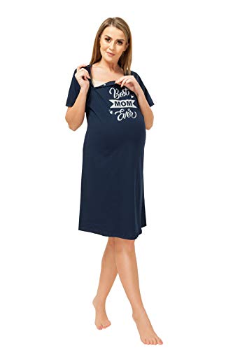 Sibinulo Camisón de Maternidad Pijama Lactancia Vestido Best Mom Ever Manga Corta Cierre a Presión Azul Marino M