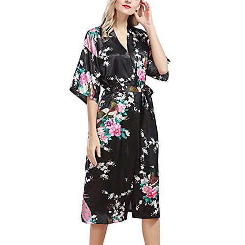 Sidiou Group Bata de Satén Vestido Kimono Largo Mujer Camisón Pijamas Ropa de Dormir Albornoz Saten (Negro, S)