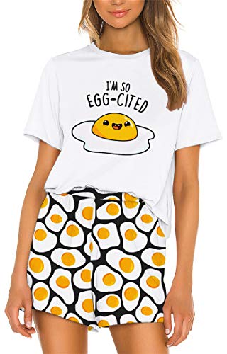 Silver Basic Camiseta de la NASA para Niñas Conjunto de Pijama de Verano Lindo Camisa y Pantalones Cortos Ropa de Dormir Estampados de Flamencos de Sandía Camiseta Pijama XL,08Huevo Frito-1