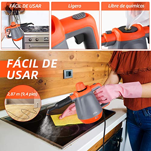 SIMBR Limpiador a Vapor de Mano, Vaporeta de Limpieza Hogar 1200W con Tanque de 450ml y 9 Accesorios, Vaporeta de Mano de Alta Presión para Cocina, Baño, Alfonbra, Ropa, Cortina y Otros Lugares