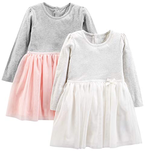 Simple Joys by Carter's 2-Pack Long-Sleeve Dress Set with Tulle Vestido informal, Pink/Gray, 5