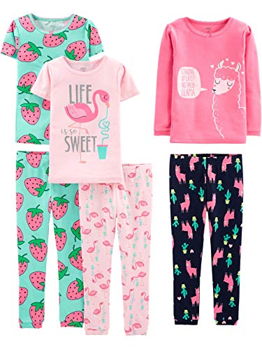 Simple Joys by Carter's 6-Piece Snug Fit Cotton Pajama Set Infant-and-Toddler Sets, Flamenco/Fresas/Llama, 5-6 años, Pack de 6