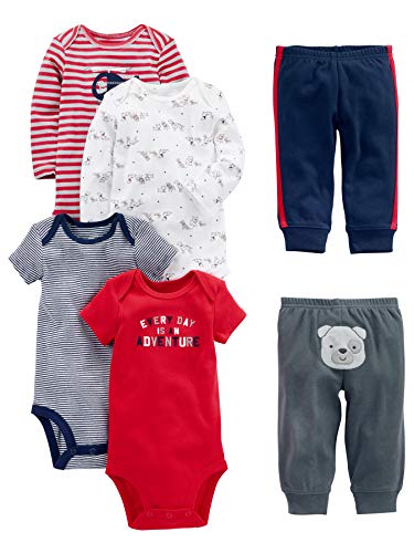 Simple Joys by Carter's Conjunto de 6 piezas de body para bebé (manga corta y larga) y pantalones ,Red/Navy Bear ,24 Meses