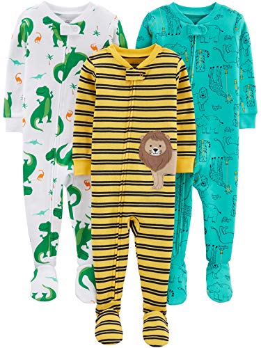 Simple Joys by Carter's pijama de algodón para bebés y niños pequeños, 3 unidades ,Dino/Animals Green/Lion ,12 Meses